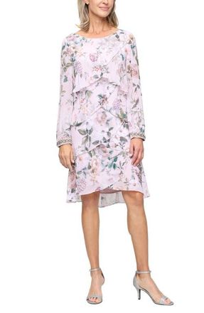 S.L. Fashions Floral Long Sleeve Tiered Cocktail Dress in Blush Multi at Nordstrom, Size 10