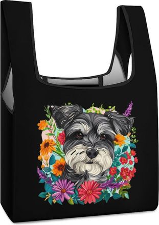 Generic Schnauzer Floral Garden Dog Shopping Bag Reusable Grocery Tote Bag Foldable Handbag for Travel Picnic
