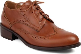 Generic Womens Lace Up Oxford Brogues Perforated Trim Block Heel Round Toe Textured Upper Dress Shoes Comfortable for Fashion Party,Brown,8.5 UK