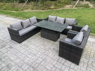 Fimous Outdoor Rattan Garden Furniture Height Adjustable Rising Lifting Table Sets Lounge Chairs 8 Seater in Dark Grey