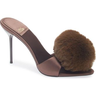 Jeffrey Campbell Shopaholic Faux Fur Pom Slide Sandal in Brown Satin Combo at Nordstrom, Size 7.5