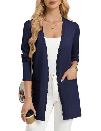 Grace Karin Womens Long Cardigans, Spring Summer Lightweight Knit Bolero, Open Front V Neck Cardigan Blazer with Pockets Navy Blue XXL