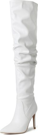 Generic Womens Slouchy Over-The-Knee PU Leather Boots Pointed Toe Slip-On Stiletto Heels Elastic Fit Evening Party Casual Boots,White,5.5 UK