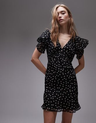 Topshop Vestito da giorno corto nero a pois con maniche arricciate