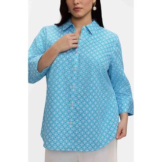 Foxcroft Margie Geo Lattice Three-Quarter Sleeve Button-Up Shirt in Blue/White at Nordstrom, Size 3 X