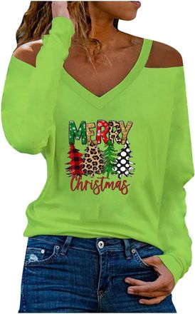 Generic Womens Christmas Jumpers Novelty Blouses Xmas Wine Glass Sweatshirt V Neck Pullover Long Sleeve Tops Loose Fit Blouse Christmas Tree Jumper Casual Swe