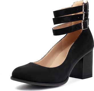 Generic Womens Round Toe PU Leather Vintage Shoes Chunky High Heel Dress Pumps Ankle Strap Office Shoes with Buckle,Black,6.5 UK