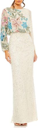 Mac Duggal Womens High Neck Blouson Sleeve Sequin Gown in Nude Multi at Nordstrom, Size 12
