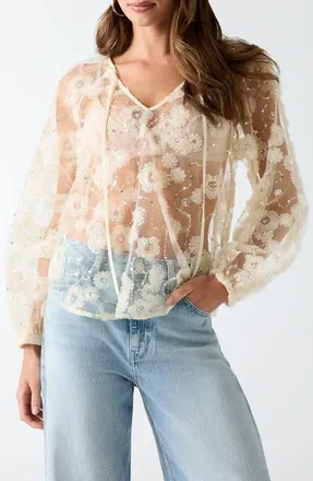 Guess Sequin Sheer Top in Cream White Multi at Nordstrom, Size Large