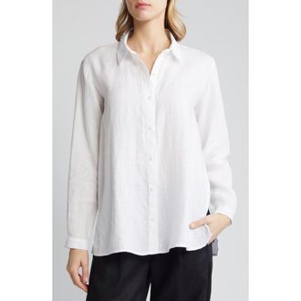 Eileen Fisher Classic Long Sleeve Organic Linen Button-Up Shirt in White at Nordstrom Rack, Size Medium
