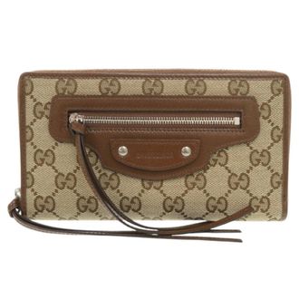 Gucci Beige Brown Gg Canvas Leather Long Wallet (Bi-Fold) (Pre-Owned)