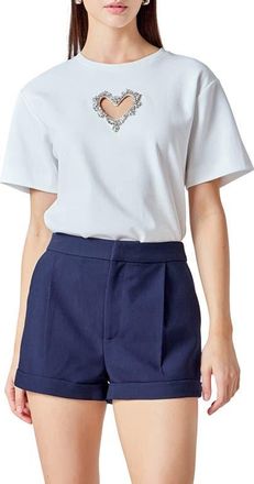endless rose Rhinestone Trim Heart Cutout Relaxed Fit T-Shirt in White at Nordstrom, Size X-Small