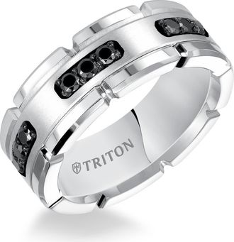 Triton 8mm White Tungsten Carbide Link Edge Ring with Black Diamonds, Satin Finish in Metallic Silver at Nordstrom, Size 11.5