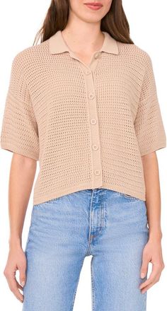 Halogen Cotton Short Sleeve Cardigan in Oxford Tan at Nordstrom Rack, Size X-Large