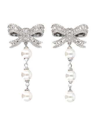 Self Portrait Silver Crystal Bow Pearl Earrings