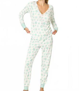 PJ Salvage Snowflake Wishes Pointelle Pants Set In White Green Pink