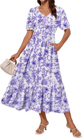 Grace Karin Women Casual Midi Floral Dress Short Sleeve V Neck Wedding Dress Summer Purple Flower S