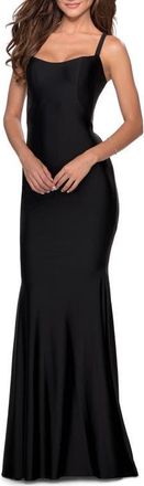 La Femme Form Fitting Prom Dress with Dramatic Lace Up Back in Black at Nordstrom, Size 14