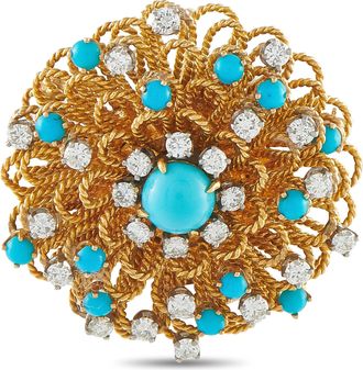 Luxury Bazaar Vintage 18K Yellow Gold 1.58ct Diamond and Turquoise Brooch MF01-061826