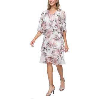 S.L. Fashions Floral Two-Piece Cape Cocktail Dress in Blush Multi at Nordstrom, Size 14