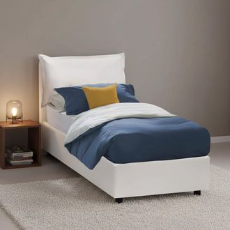 Dmora Cama Individual Erika, Cama Contenedor Con Tapizado En Ecopiel, 100% Made In Italy, Apertura Frontal, Adecuado Para Colch&oacute;n Cm 90x190, Blanco, Con Emb