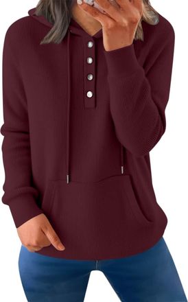 Generic Ladies Solid Color Hoodies Long Sleeve Button Sweatshirts with Kangaroo Pockets Ribbed Cuff Drawstring Casual Pullovers Classic Feelcozy Tops Soft War