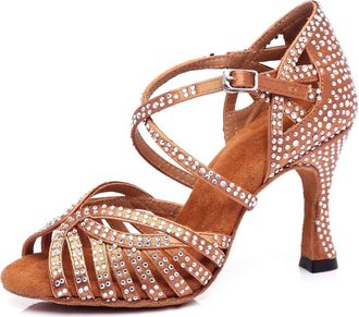 Minitoo Womens Latin Salsa Ballroom Dance Shoes Wedding Evening Shoes with Crystals, L380 Brown 9 cm heel, 9 UK