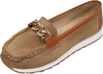 Generic Loafers for Women Slip On Casual Walking Shoes Solid Color Classic Non-Slip Metal Chain Breathable Comfortable Dressy Flat Shoes Work Holiday Khaki