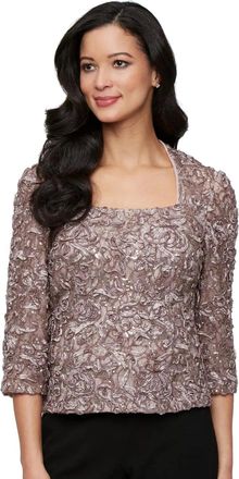 Alex Evenings Top Womens Mink Soutache Lace 3/4-Sleeve Square Neck PAL94