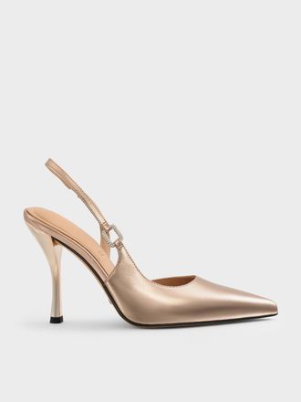 Charles & Keith Metallic Leather Crystal-Buckle Slingback Pumps