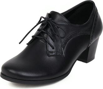 Generic Women Lace-Up Block Heel Brogues - Round Toe Formal Shoes for Office Commute,Black,1.5 UK