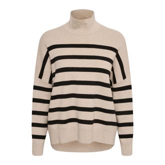 Inwear Gestreepte Turtleneck Pullover Sandstone / Black - Dames - Coltruien - Veelkleurig - 3XL - Katoen - Truien & Vesten