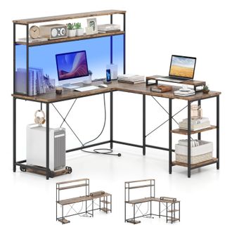 Costway Costway L-Shaped Gaming Desk Reversible Corner Computer Desk w/LED Strip in Brown