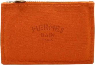 Herm&egrave;s Pre-owned New Yachting PM Canvas Leather Pouch - Dames - Vintage Accessoires - Oranje - ONE Size - Leer - Vintage