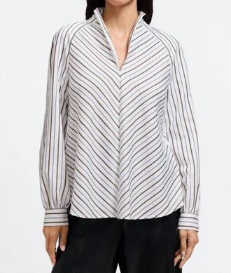 Foxcroft Daphne Metallic Stripe Pullover Top In White, Black, Gold & Silver