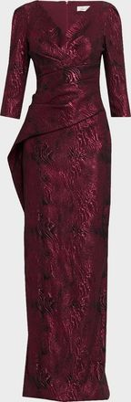 Teri Jon Pleated Metallic Jacquard Column Gown