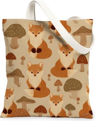 Generic Fox and Mushroom Canvas Tote Bags, Cute Animal Pattern Reusable Grocery Bags, Fall Lightweight Washable Shoulder Strap for, Beige, 13x15 Inch