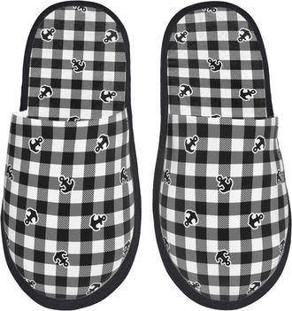 Generic Camping Slippers Black Tartan Plaid Lightweight Plush Slippers Cozy Cotton Slipper For Women Guest Room Bedroom M