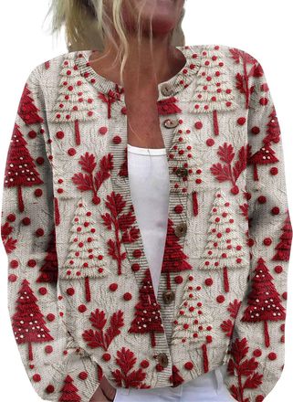 Generic Womens Chunky Knit Christmas Jumpers Cardigan with Snowman Tree Print Lightweight Long Sleeve Button Front Cable Knit Jumper Loose Fit Novelty Holiday