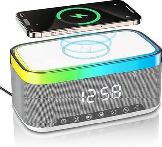 OEM Altoparlante Bluetooth Con Funzione Di Ricarica Wireless E Orologio Digitale, Display A Led, Funzione Di Ricarica Qi Da 15 W, 2 Altoparlanti Da 10 W, 