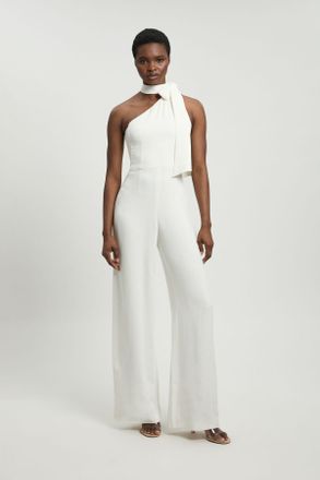 Karen Millen Womens Satin One Shoulder Pleat Detail Jumpsuit - White viscose - Size 10 UK