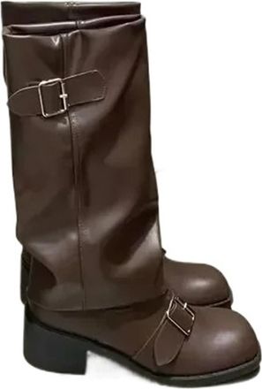 Generic Woman Boots Knee High Platform Chunky Heels Trend Punk Gothic New Rock Leather Fashion Womens Shoes Motorcycle Footwear(Brown,US8)