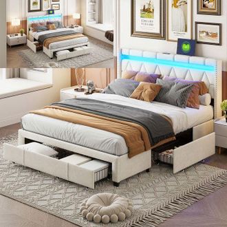 OEM Cama De Adulto 160x200 Cm Beige Con Led, Puertos Usb, 4 Cajones Y Somier De Lamas - Estilo Escandinavo