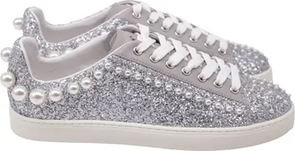 Stuart Weitzman Goldie Faux Pearl-Embellished Sneakers in Silver Glitter