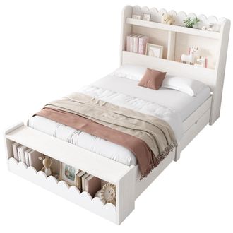 STILVORA Letto Combinato 90 X 190 Cm In Legno Massello E Mdf, Letto Singolo Con 2 Cassetti E Scaffali, Senza Materasso, Bianco E Rovere