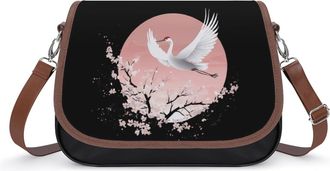 Generic Japanese Cranes in Moon Center Crossbody Bag Womens Handbag PU Message Bags Shoulder Purse with Adjustable Strap