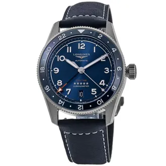 Longines Spirit Zulu Time Blue Dial Leather Strap Mens Watch
