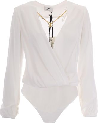 Elisabetta Franchi Long-Sleeved V-Neck Bodysuit with Structured Shoulders and Detachable Necklace