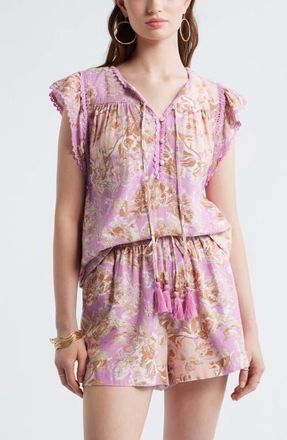 Treasure & Bond Crochet Trim Linen Blend Top in Pink Gale Whimsy Bloom at Nordstrom, Size Xx-Large