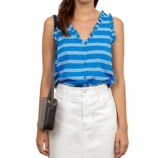 The Tiny Big Sister Frilled Sleeveless Top In Stripes Lapis/off-White
